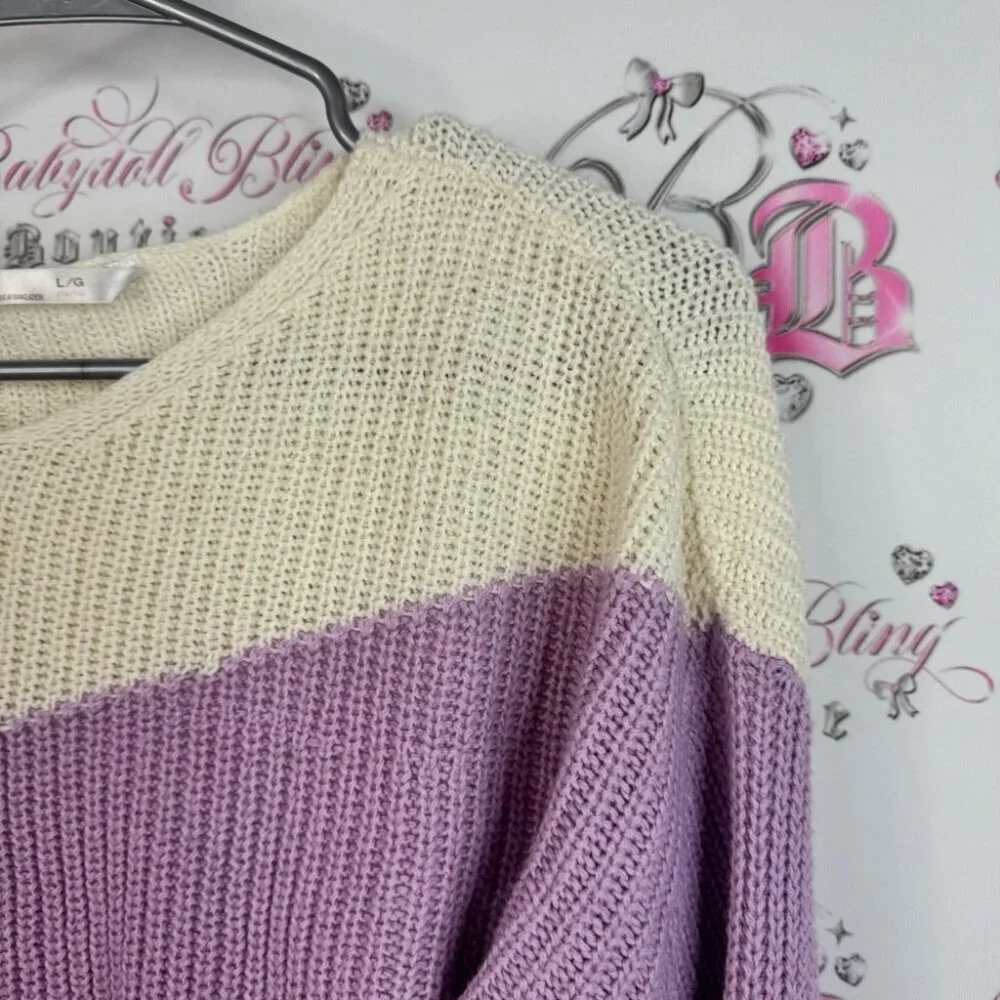 Ukids sweater knit color block knitted Elegant Purple and Cream V-Neck Sweater